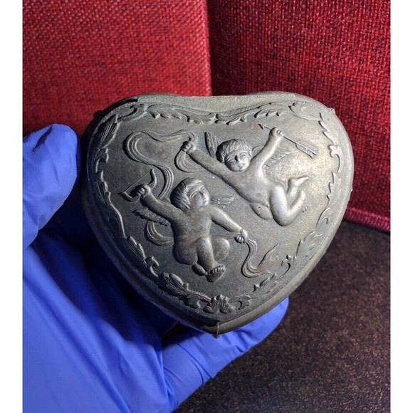 Heart-Shaped Box Trinket Jewelry Vintage 1950 Cherubs Silver Red Velvet Lining - Picture 1 of 7